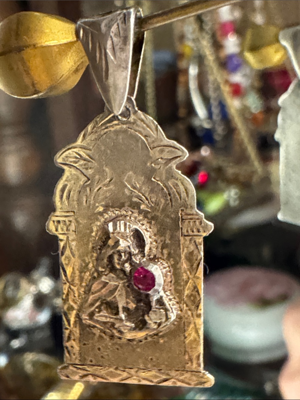 925 Sterling Silver Religious Pendant Necklace with Pink Ruby Accent Stone